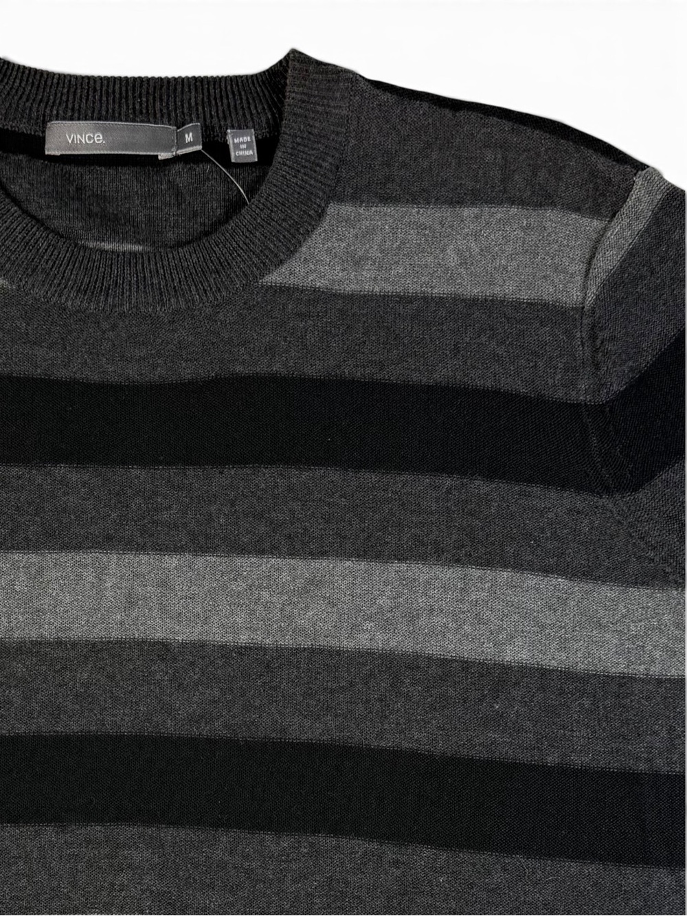 Vince Men’s Striped Cotton Crewneck Sweater Black Gray NWT Slim Fit Medium